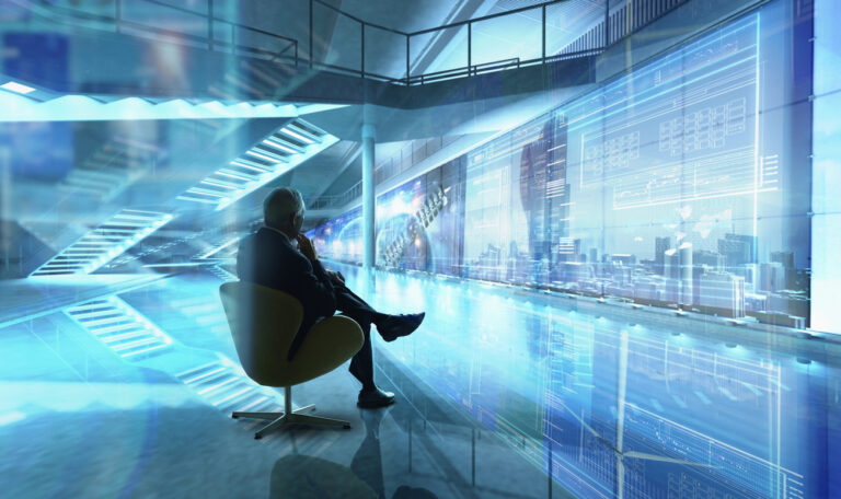Caucasian Businessman Sitting In Chair In Futuristic Office