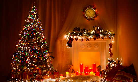 Christmas Room Interior Design, Xmas Tree Decorated By Lights Pr