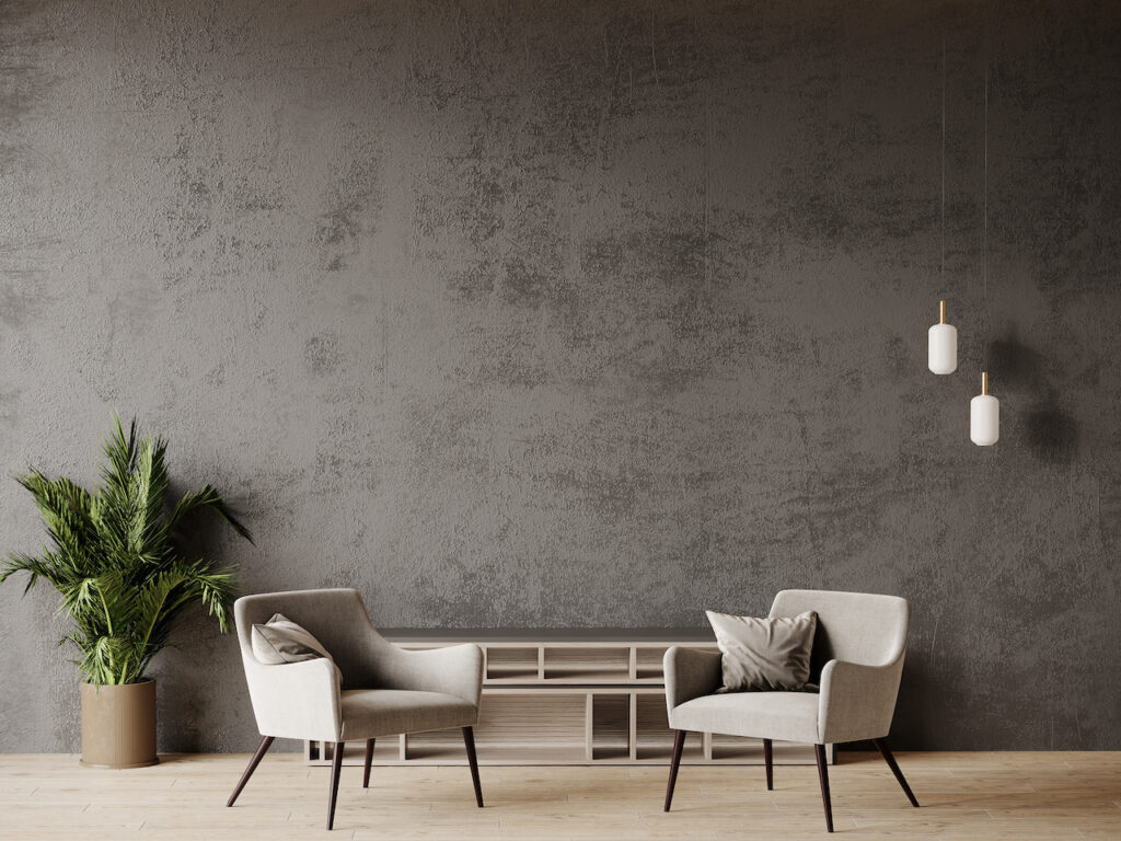 Livingroom In Dark Gray And Taupe Colors. Mockup Microcement Texture Wall Interior. Design Office. Beige Ivory Accents, Decor Shelves And Lamp. Modern Reception Lounge With Rich Chairs. 3d Render