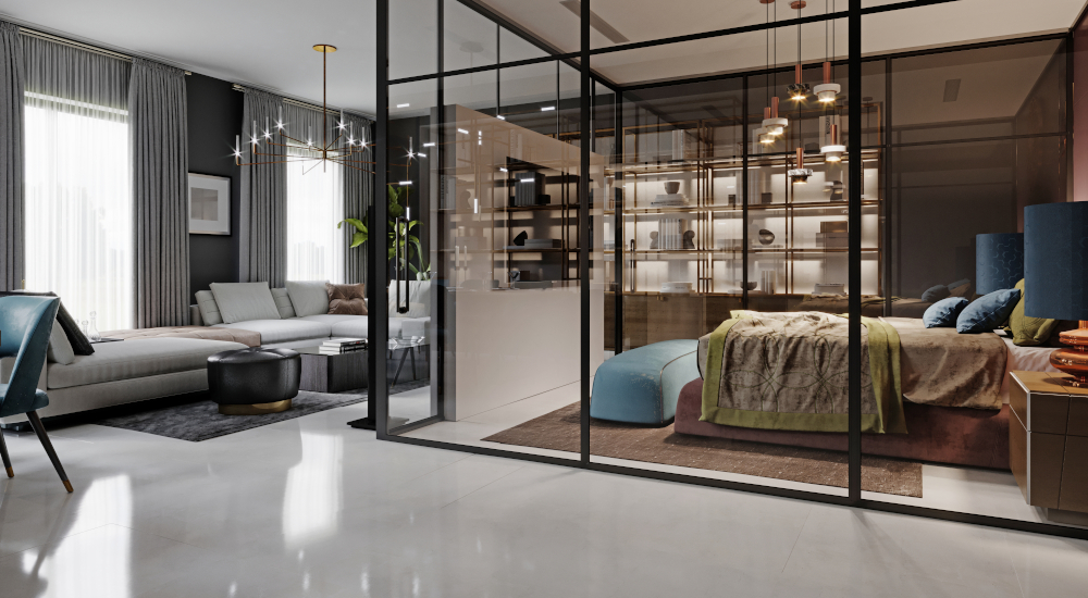 Modern,bedroom,behind,glass,in,a,studio,room.,burgundy,walls,