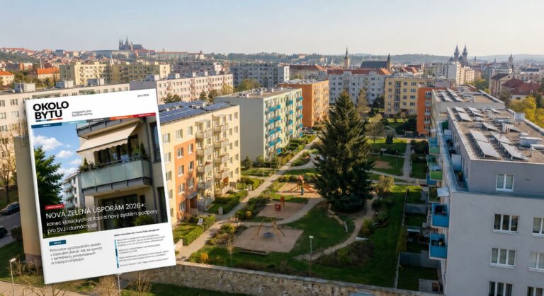 Pohled na sídliště. V levém dolním rohu je umístěna obálka jarního čísla 2026 časopisu 'OKOLO BYTU' s hlavními tématy o dotacích a vyúčtování služeb.