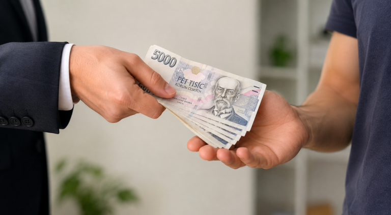 zástupce pojišťovny předává peníze za pojistnou událost