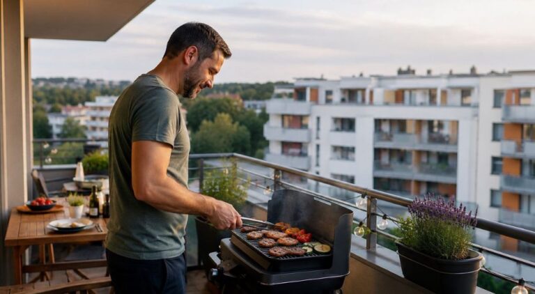 Grilování na balkoně bytového domu